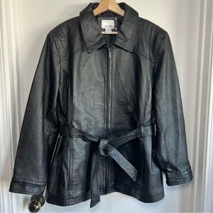 East 5th Black Leather Zip Up Jacket with Belt Tie, Size XL